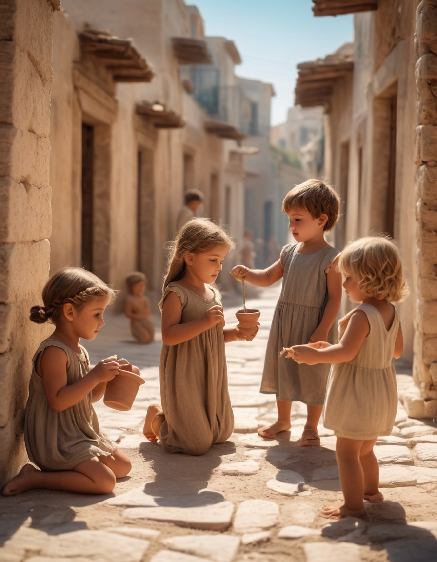 children, clay dolls, playtime, ancient greece, 500 bc, streets, historical recreation