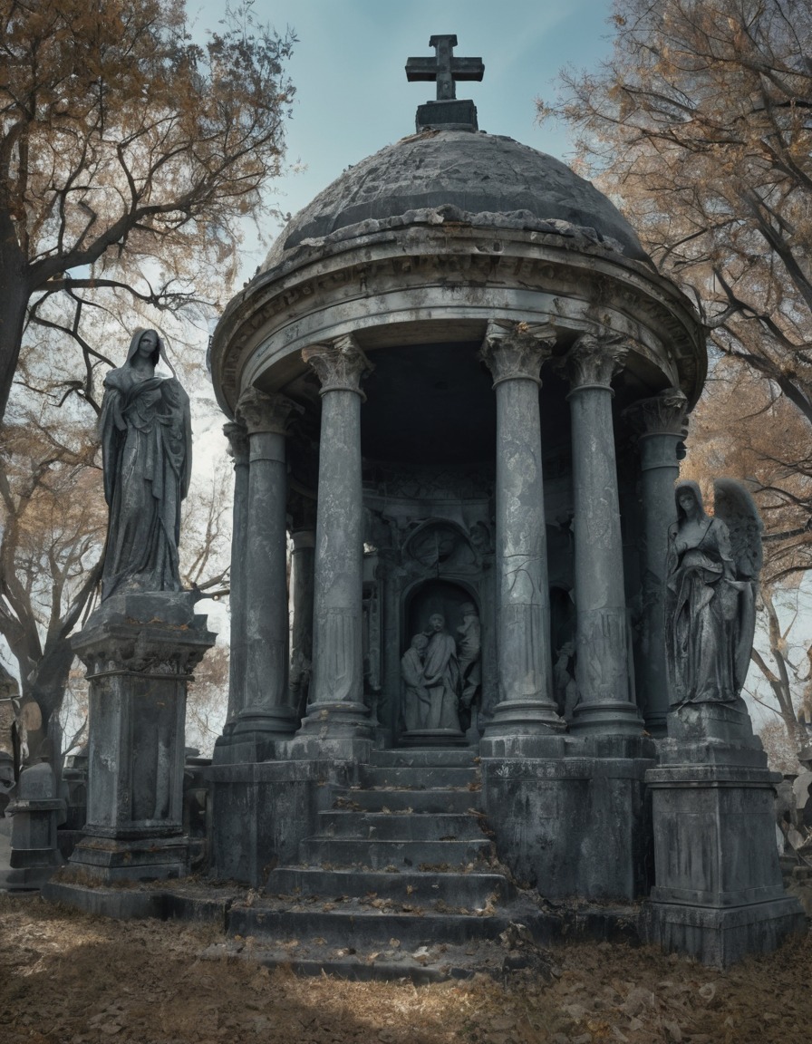 mausoleum, statues, cemetery, forgotten, macabre, gothic, underground, dark