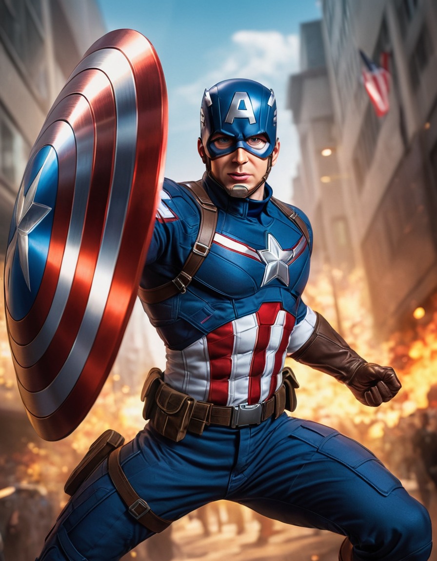 captain america, shield, marvel, superhero, action pose, anime