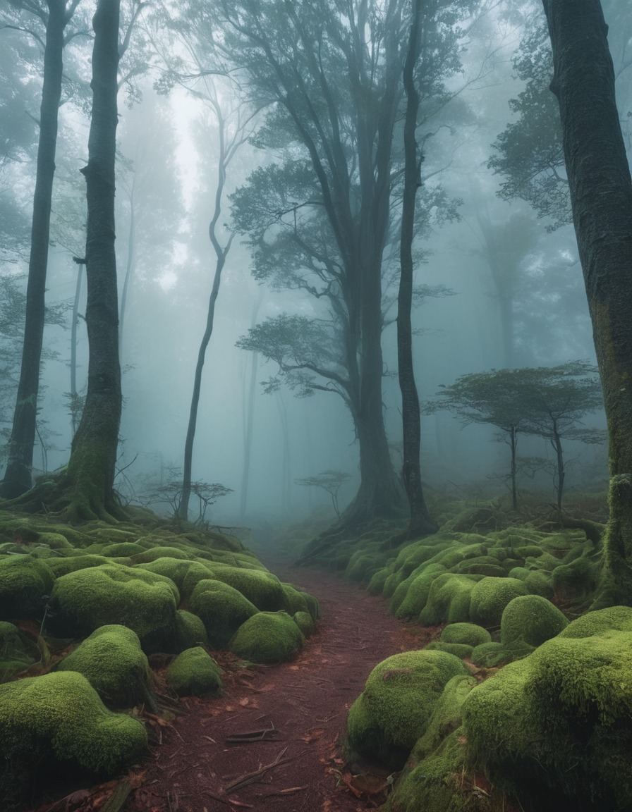 nature, fog, forest, mystery, ancient, surreal