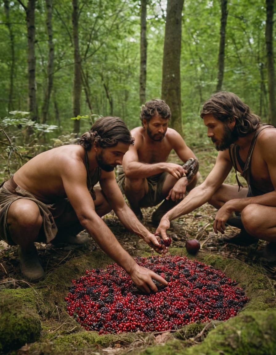 hunter-gatherers, berry picking, nut gathering, paleolithic europe, forest foraging, ancient lifestyle, 10, 000 bc