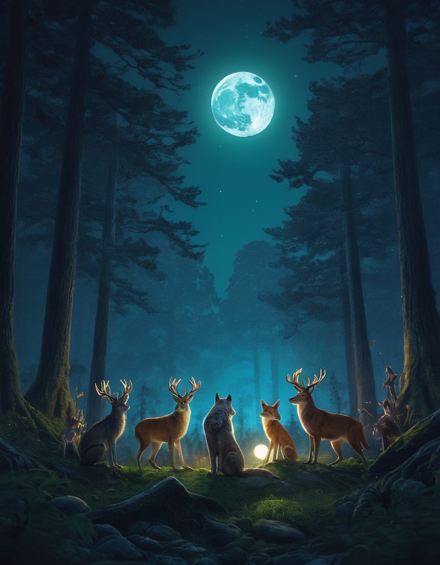 nature, wildlife, forest creatures, full moon, harmony, fantastic