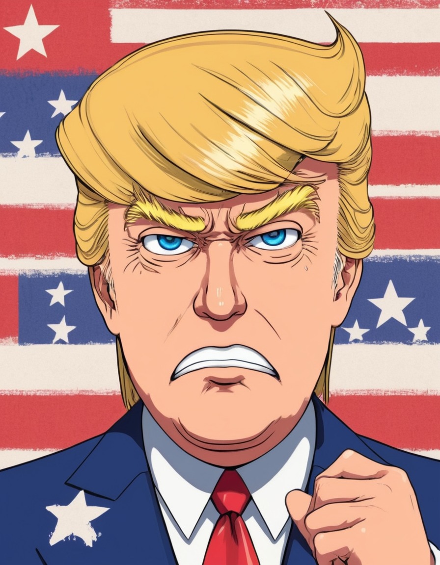 donald trump, usa, anime, superhero, exaggerated features, politics