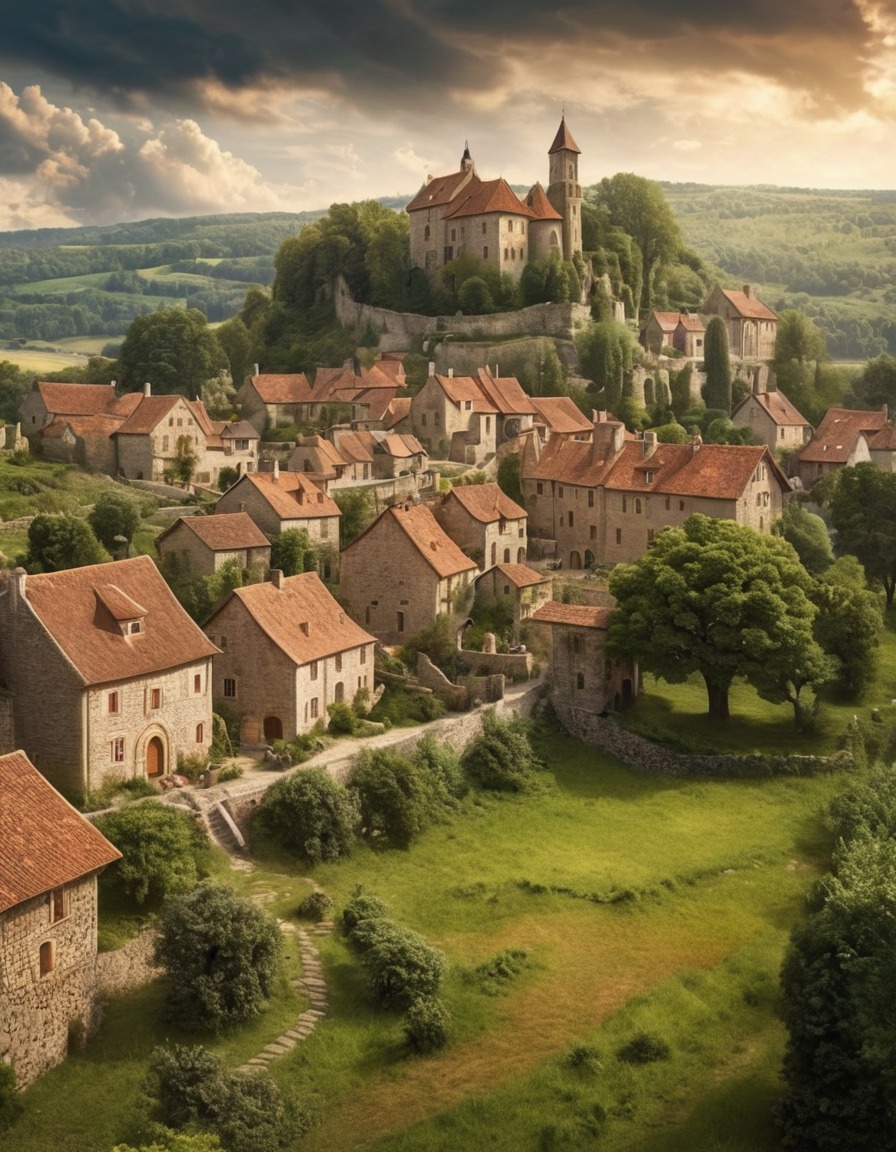 rural village, romanesque architecture, countryside, cloudy sky, architecture