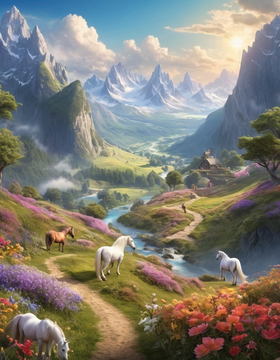 nature, mountains, valley, unicorns, fairies, magical landscape, fantastic