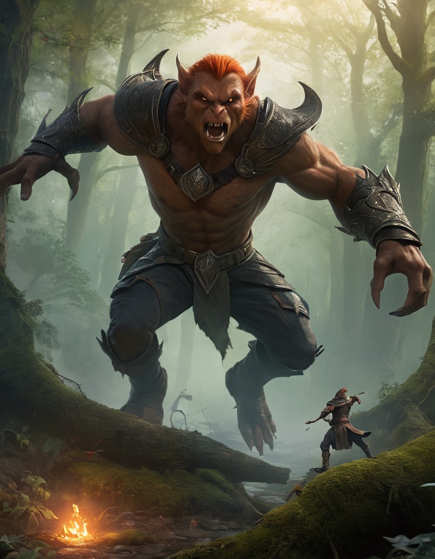 fantasy, hero, hobgoblin, battle, mystical forest