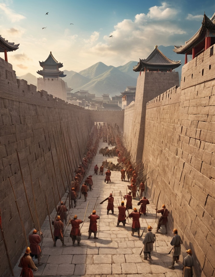 ancient men, defensive wall, city defense, construction, teamwork, ancient china, 300 bc