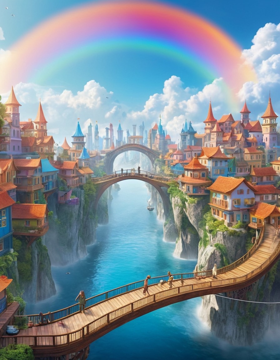 floating city, clouds, rainbow bridges, fantasy scene, skytopia