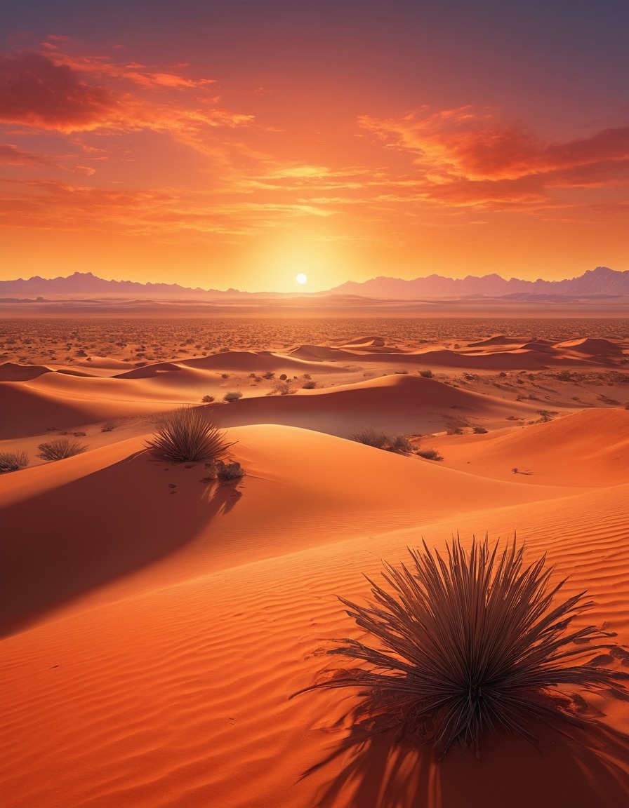 desert, landscape, sunset, orange hues, dramatic sky, nature