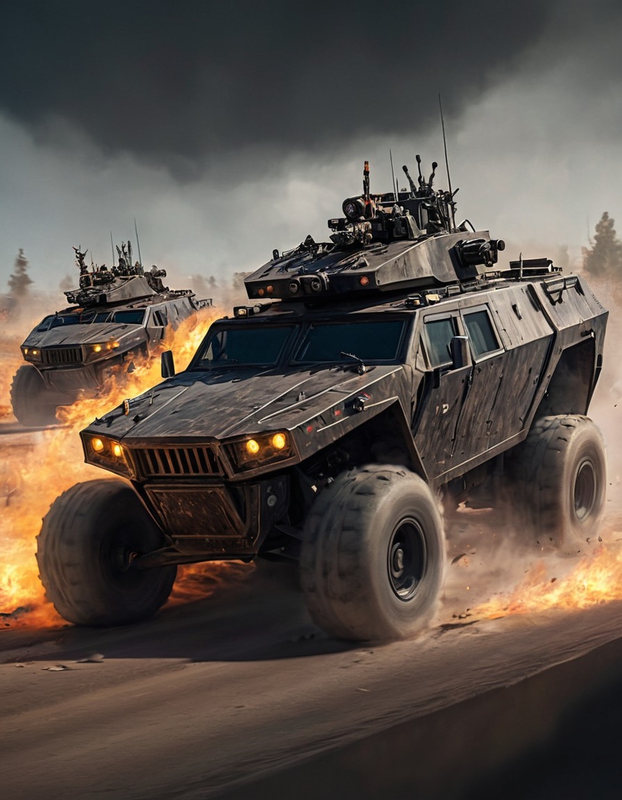 vehicles, high-speed chase, modified, armored, spikes, flames, mad max