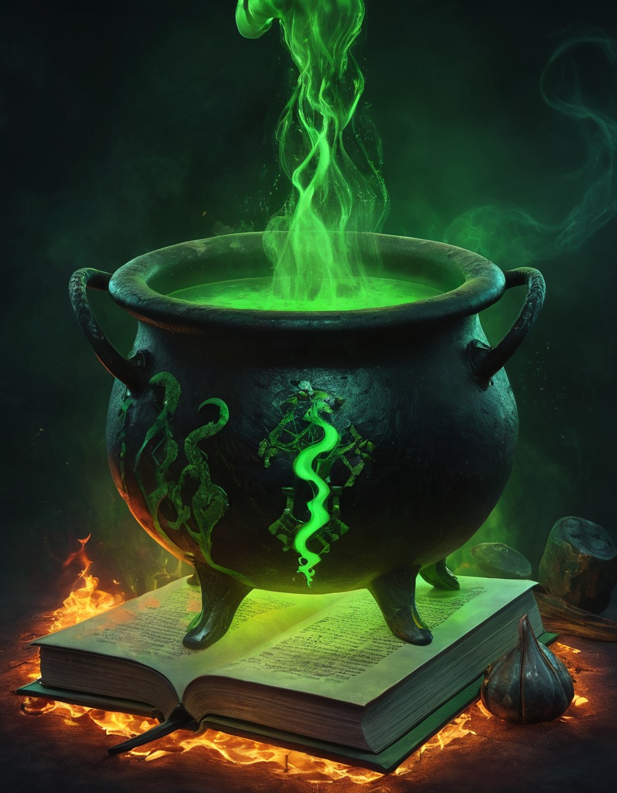 cauldron, green liquid, spell books, arcane symbols, witchcraft, gothic, underground, dark