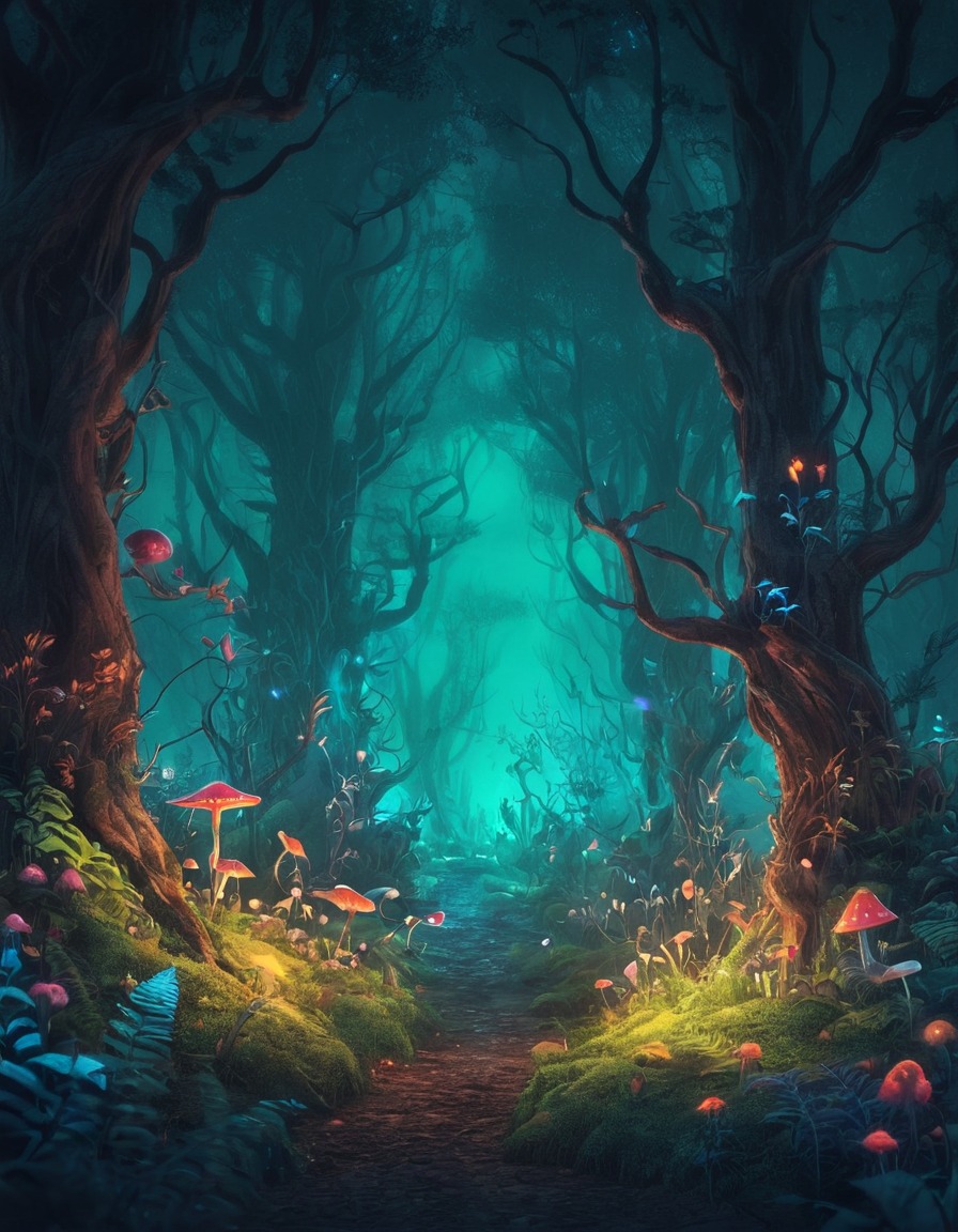 fantasy, mystical, forest, glowing plants, whimsical creatures, fantastic