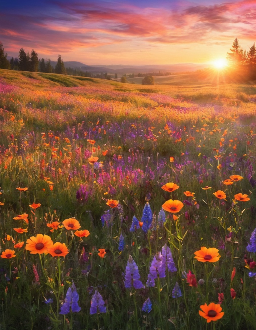 nature, sunset, wildflowers, colorful, landscape