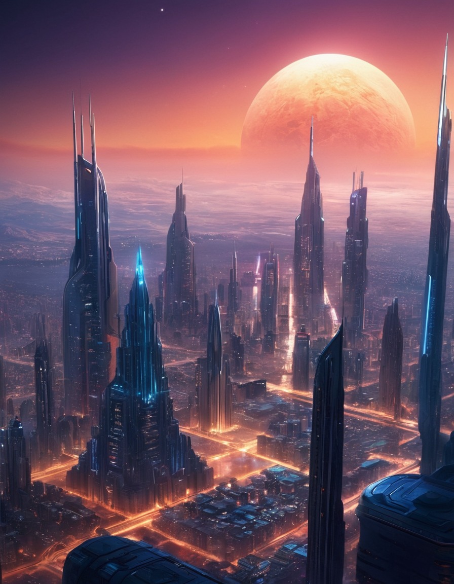 futuristic, cityscape, distant planet, skyscrapers, space, sci-fi, extraterrestrial architecture