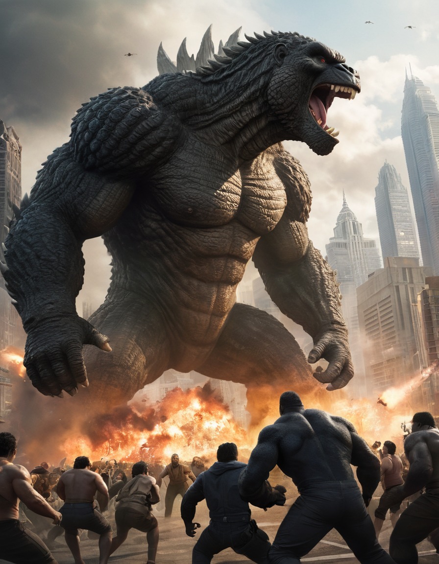 godzilla, king kong, battle, urban city, monster, destruction, kong