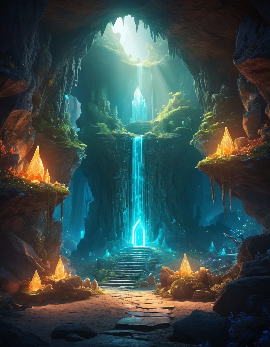 hidden, cave entrance, subterranean world, glowing crystals, mystical creatures, fantastic