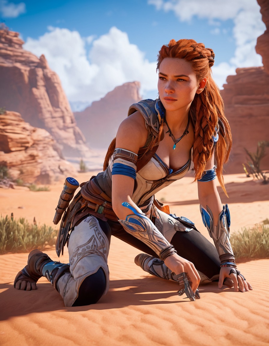 aloy, horizon zero dawn, action-adventure, playstation, heroine, combat, robotic enemies