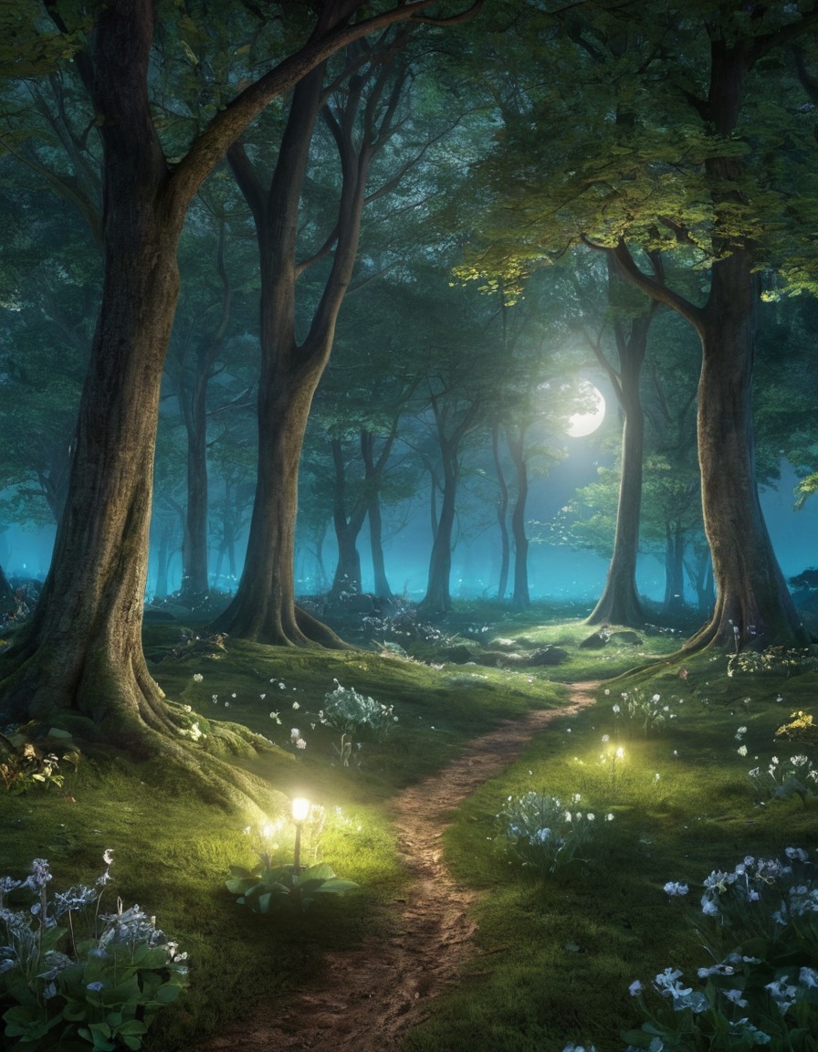 woodland, glade, spirits, moonlight, fantastic