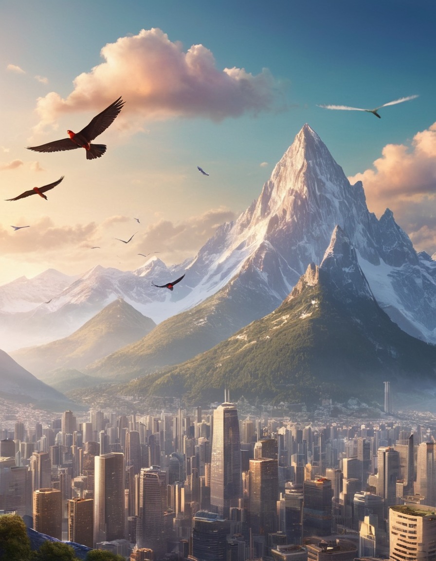 nature, cityscape, birds, mountains, city