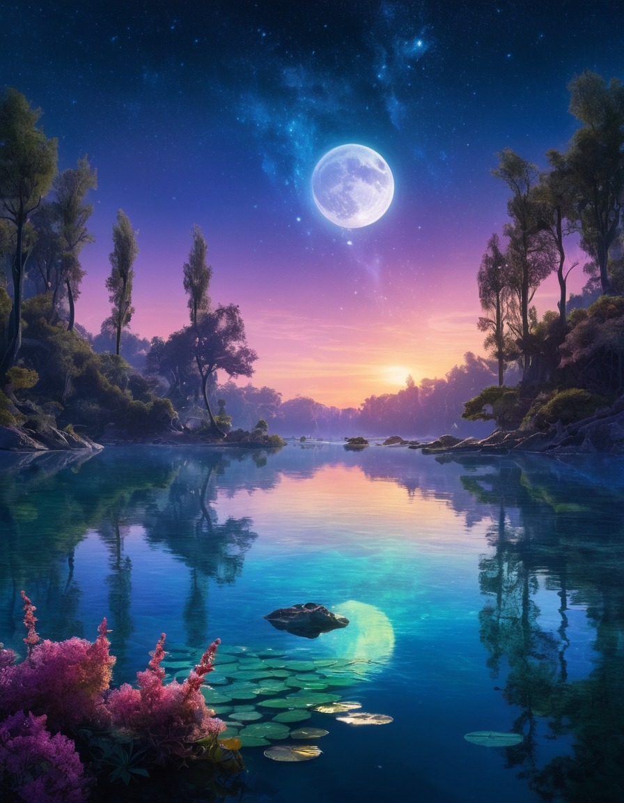 lake, water nymphs, moonlight, otherworldly, iridescent, fantasy, fantastic