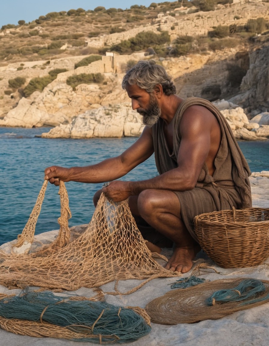 ancient greek culture, fisherman, net mending, seaside, ancient greece, 300 bc, daily life