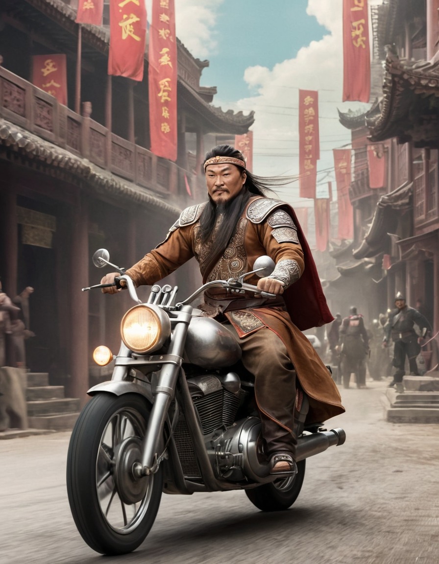 genghis khan, motorcycle, cityscape, conqueror, historical figure