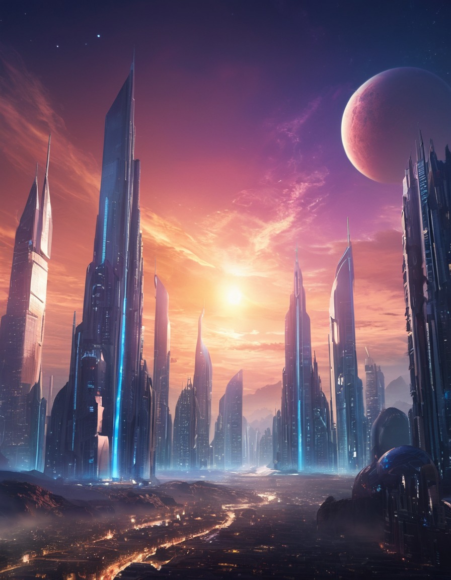 space, futuristic cityscape, distant planet, skyscrapers, alien world, science fiction, space scene