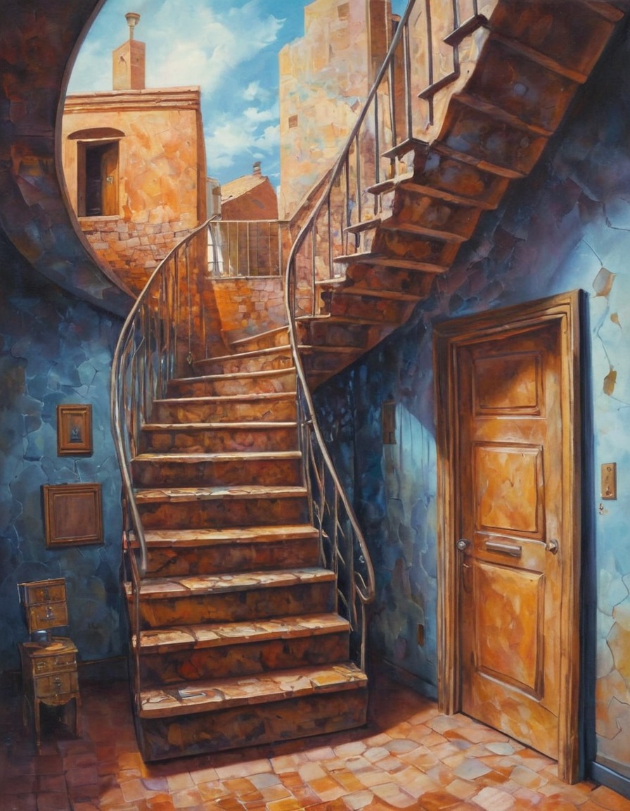 staircase, door, floating, illusion, mysterious, surreal