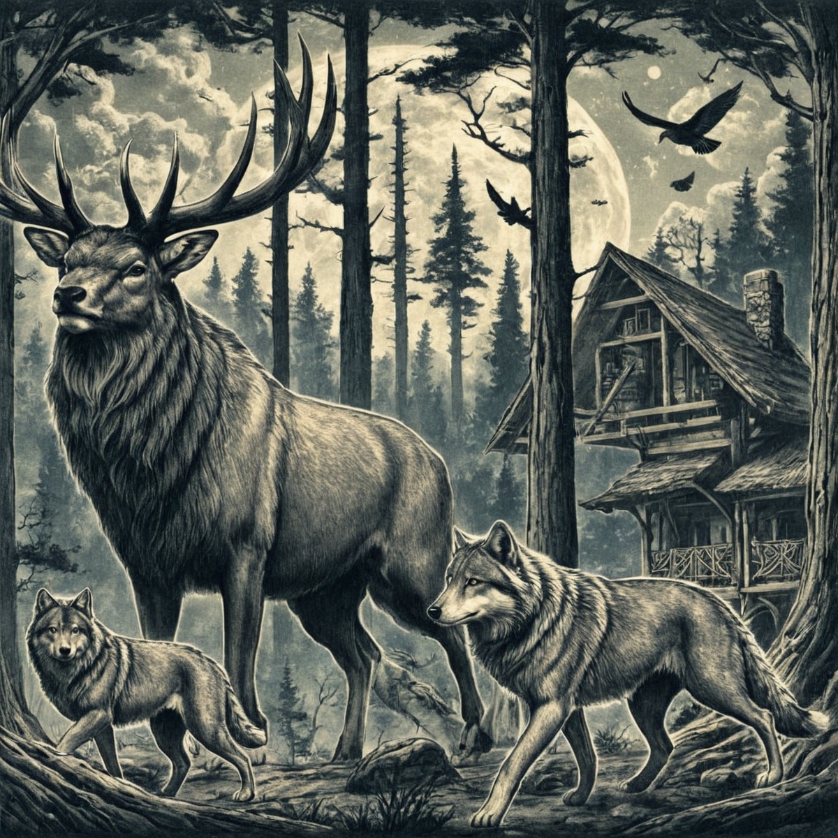 cabin, crow, detailed, elk, forest, gothic, illustration, mystery, nature, oil, pastel, wilderness, wolves, art