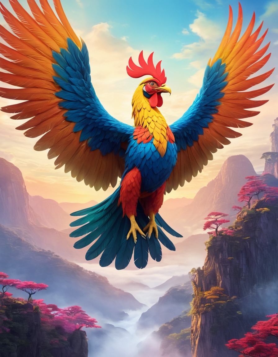 sarimanok, mythical creature, fantasy, colorful, majestic landscape