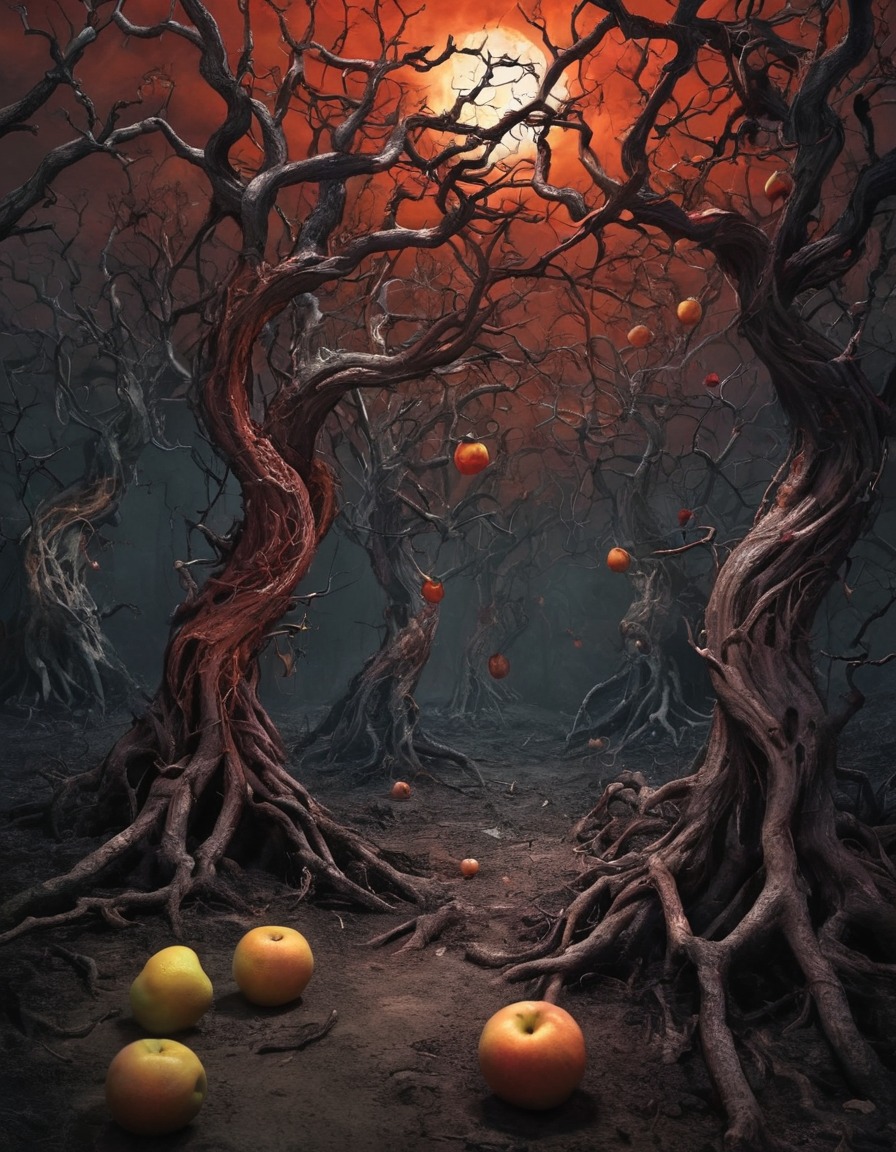 hell, cursed fruit, twisted trees, dark, sinister, surreal