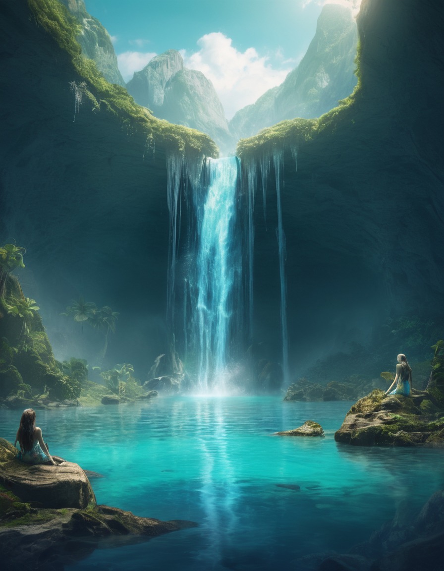 waterfall, crystal-clear lake, mermaids, water nymphs, fantasy, fantastic