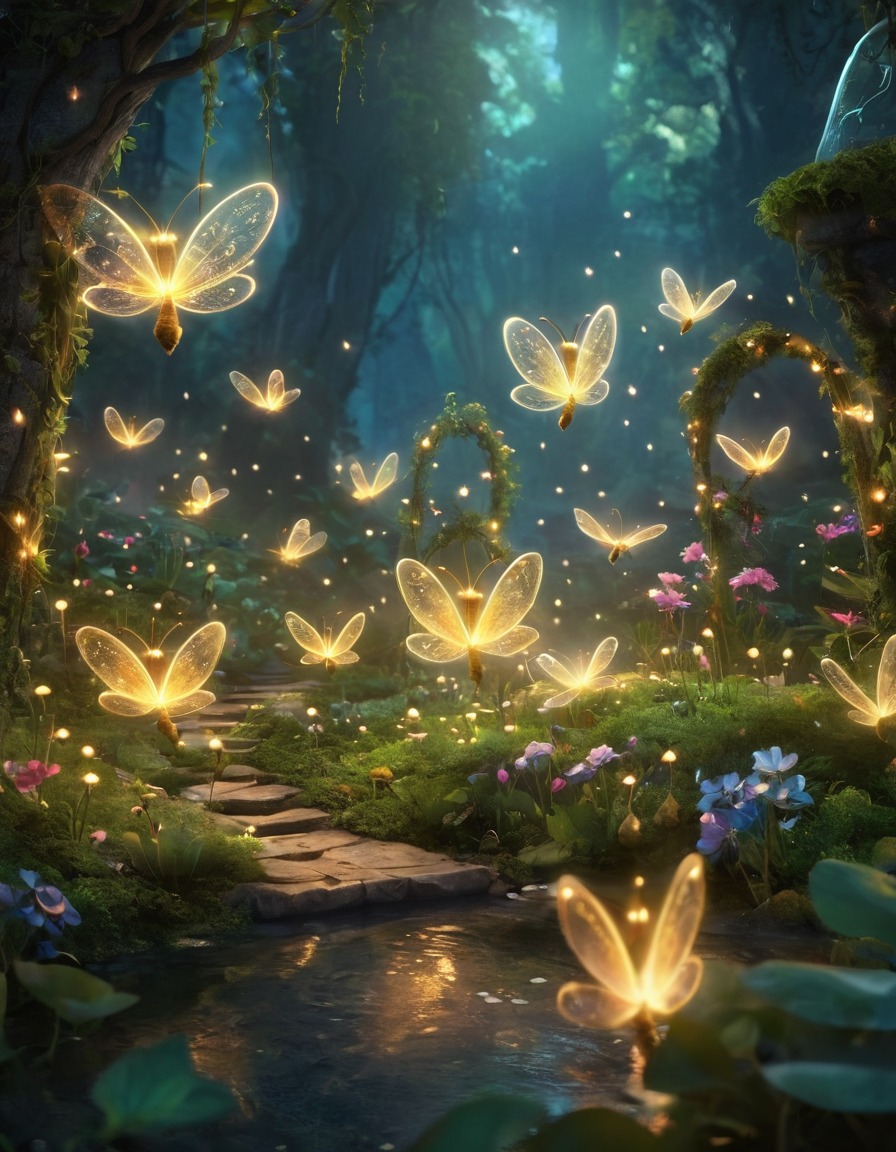 mystical garden, singing fairies, glowing fireflies, fantasy scene, enchanted creatures