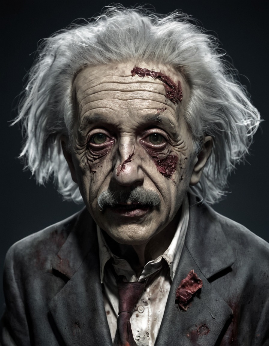 zombie, albert einstein, iconic pose, illustration