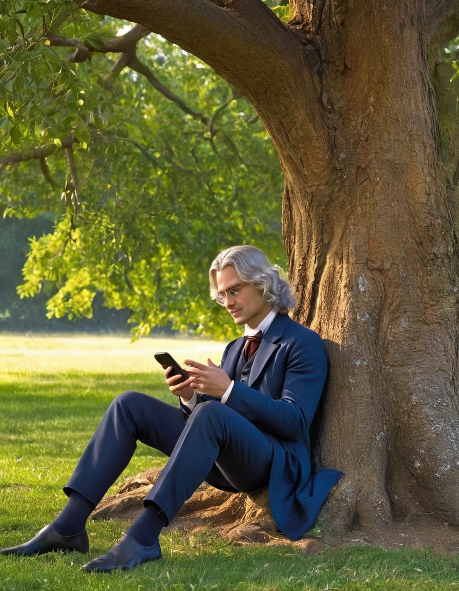 isaac newton, smartphone, tree, technology, science, genius