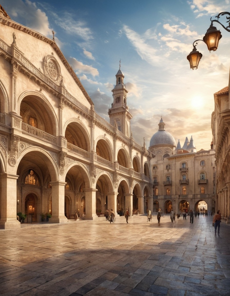 renaissance, city square, ornate buildings, arches, bustling atmosphere, architecture