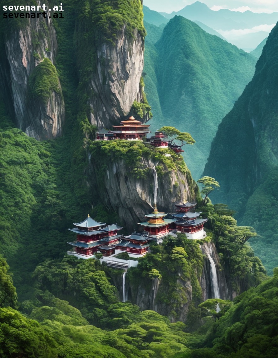 buddhist temple, mountainside, serene, tranquil, green landscape