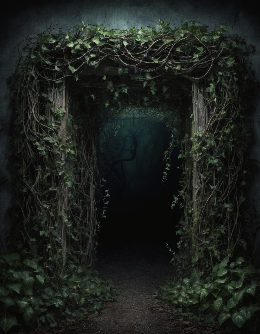 mystical, doorway, vines, garden