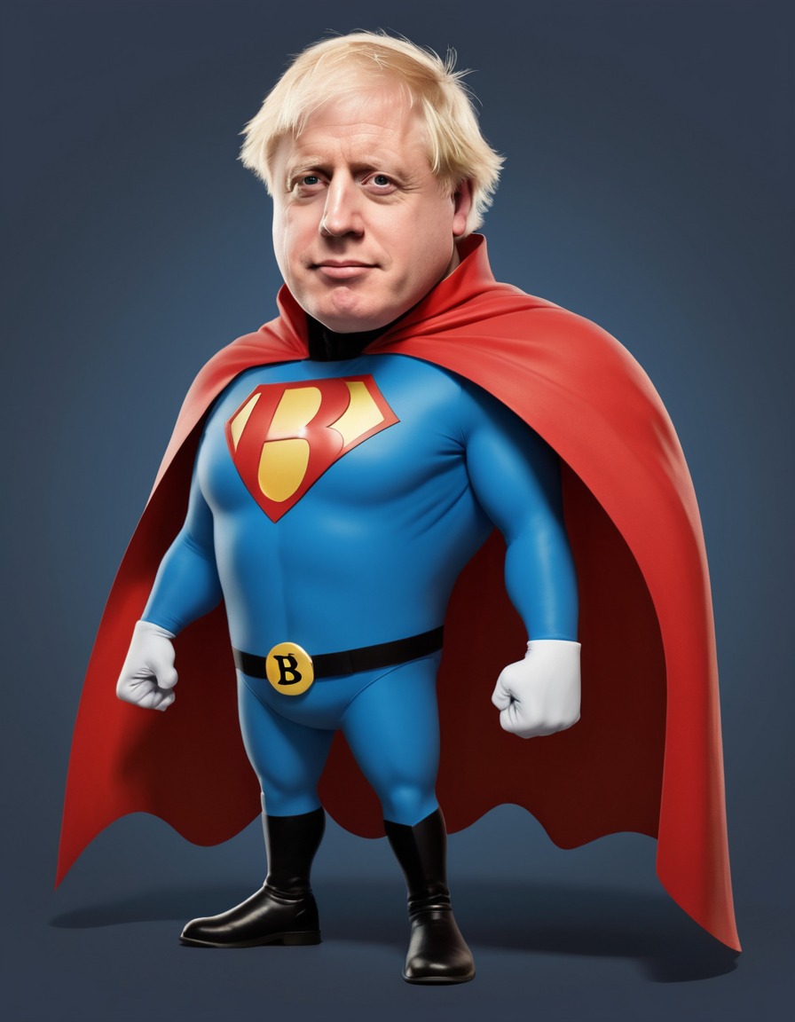 boris johnson, superhero, costume, cape, emblem, politics