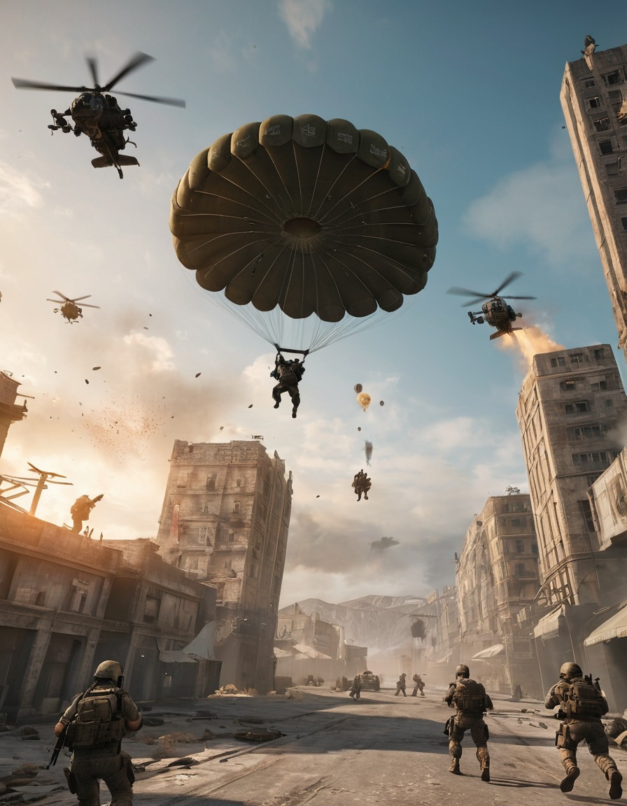 parachuting, soldiers, war-torn, urban landscape, video game, call of duty, warzone, computer games