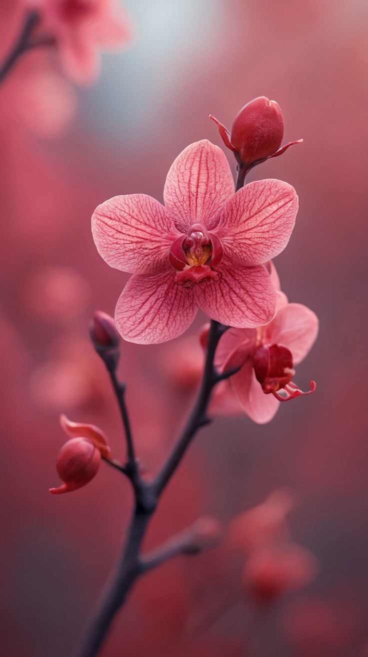 cherry blossoms, spring, red, marsala, bokeheffect