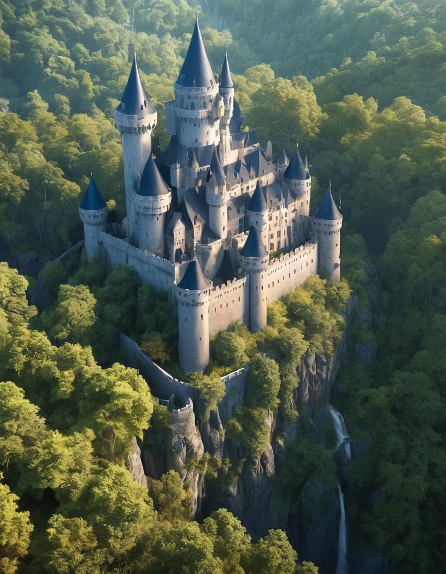 ancient castle, dense forest, fantasy scene, enchanted, mysterious, medieval architecture, magical setting