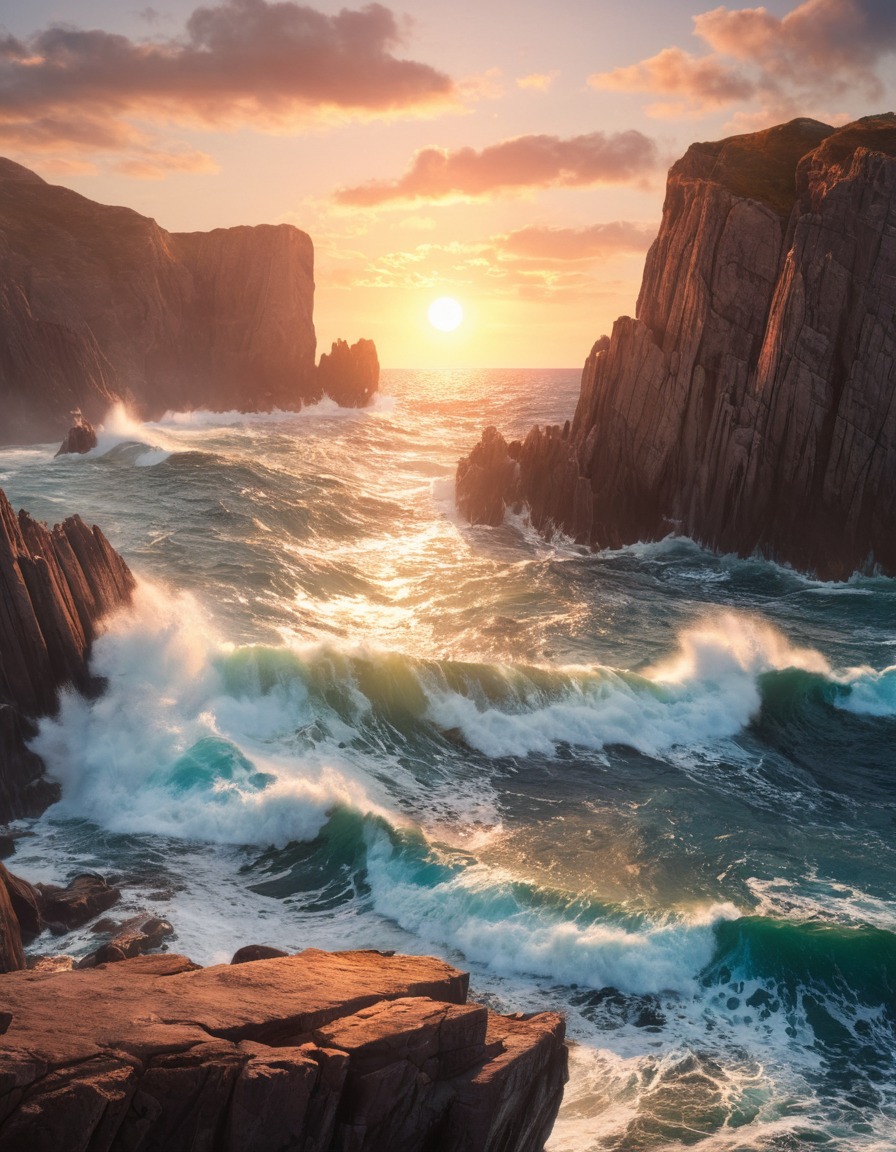 coastline, sunset, waves, ocean