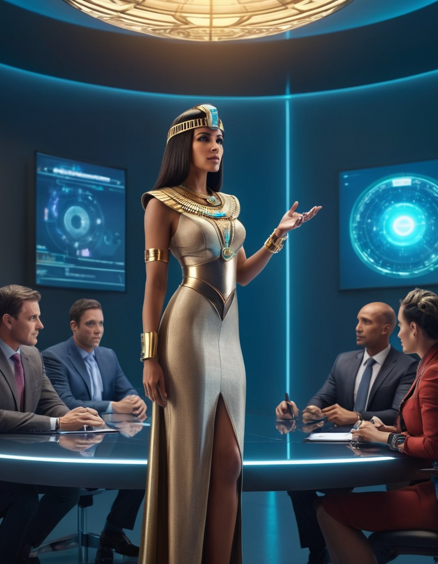 cleopatra, ceo, tech company, board meeting, futuristic gadgets, holographic displays