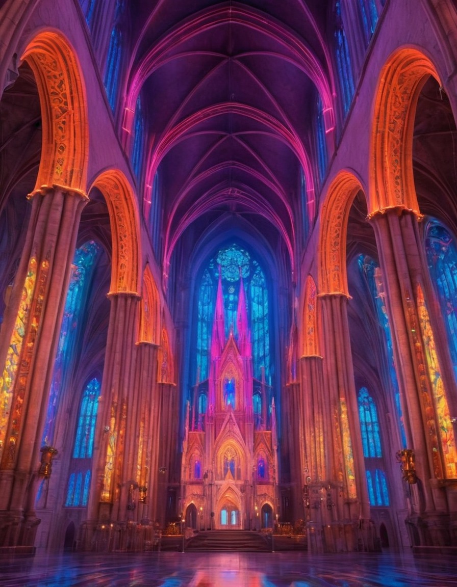 cathedral, neon lights, electronic symbols, medieval, art