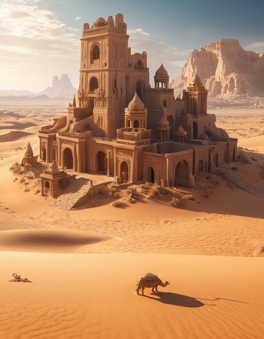 desert, ruins, sand-dwelling creatures, mysterious, fantastic