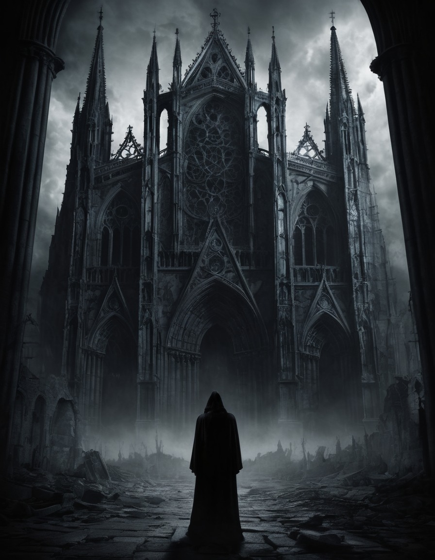 architecture, gothic cathedral, shadows, mysterious figure, gothic, underground, dark