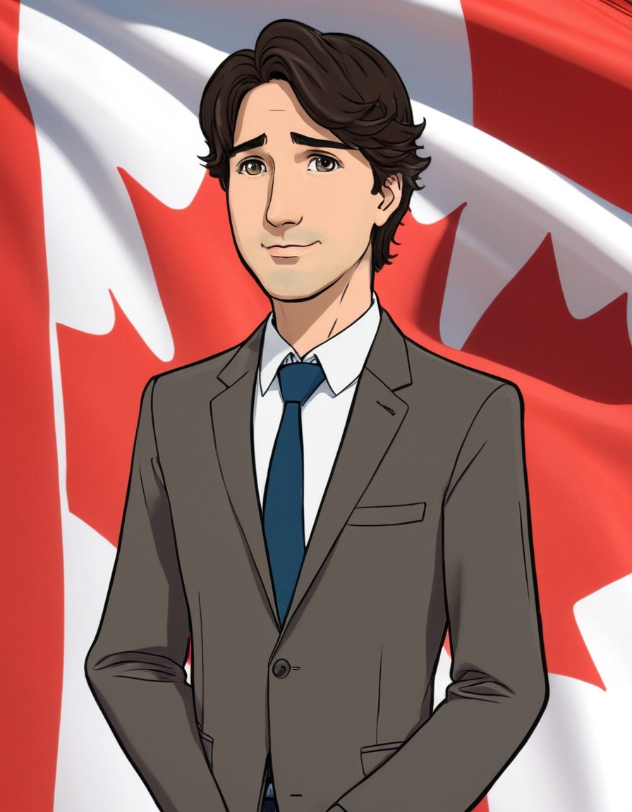 justin trudeau, canadian flag, anime style, confident, dynamic pose, expressive eyes, politics, anime