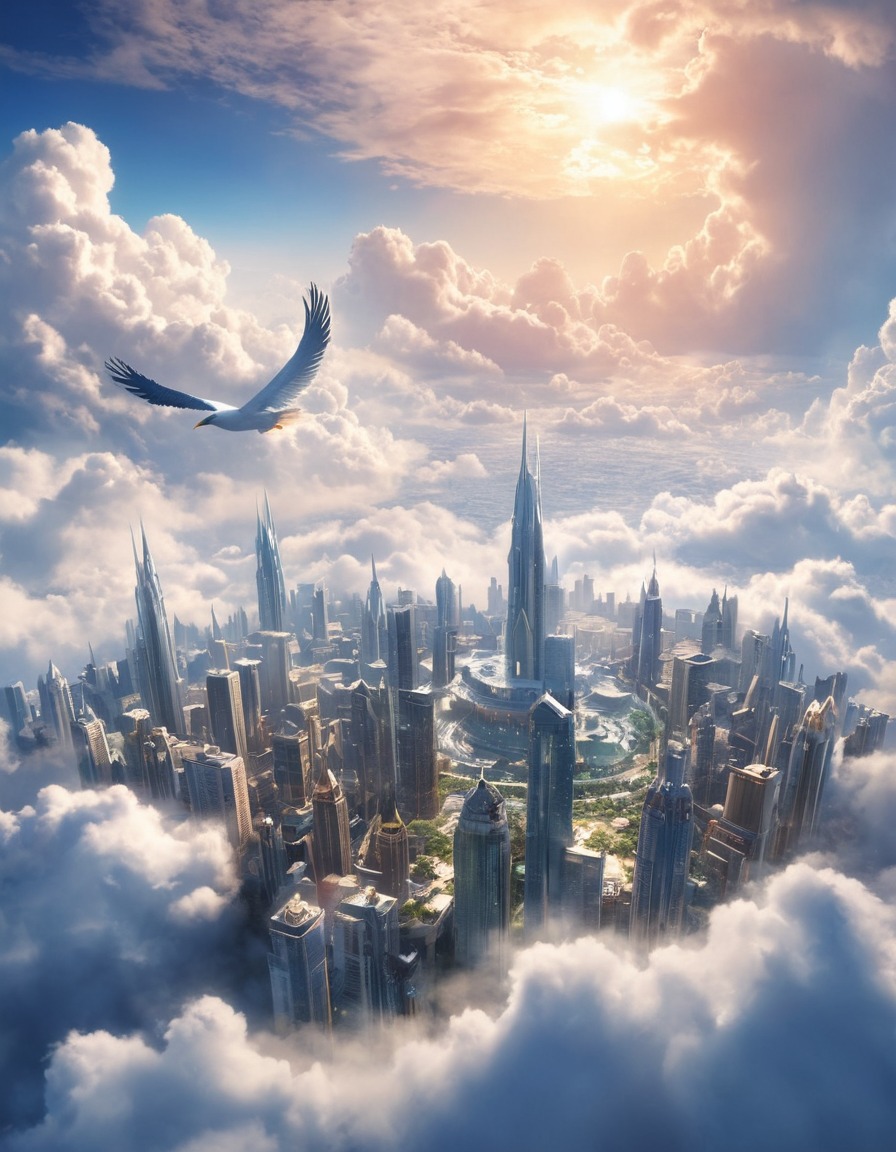 fantasy, cityscape, clouds, wings, flight, fantastic