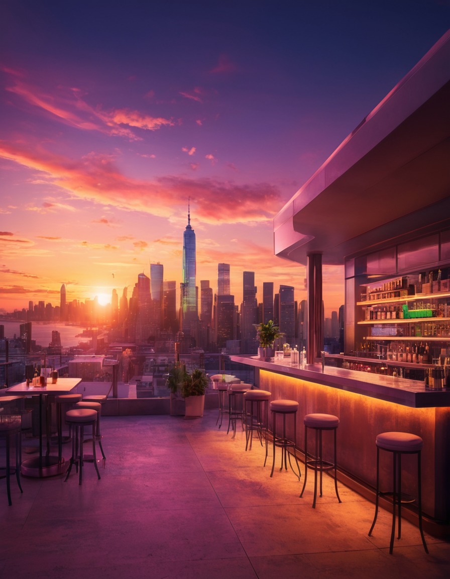 cityscape, sunset, rooftop, bar, urban, modern city, city